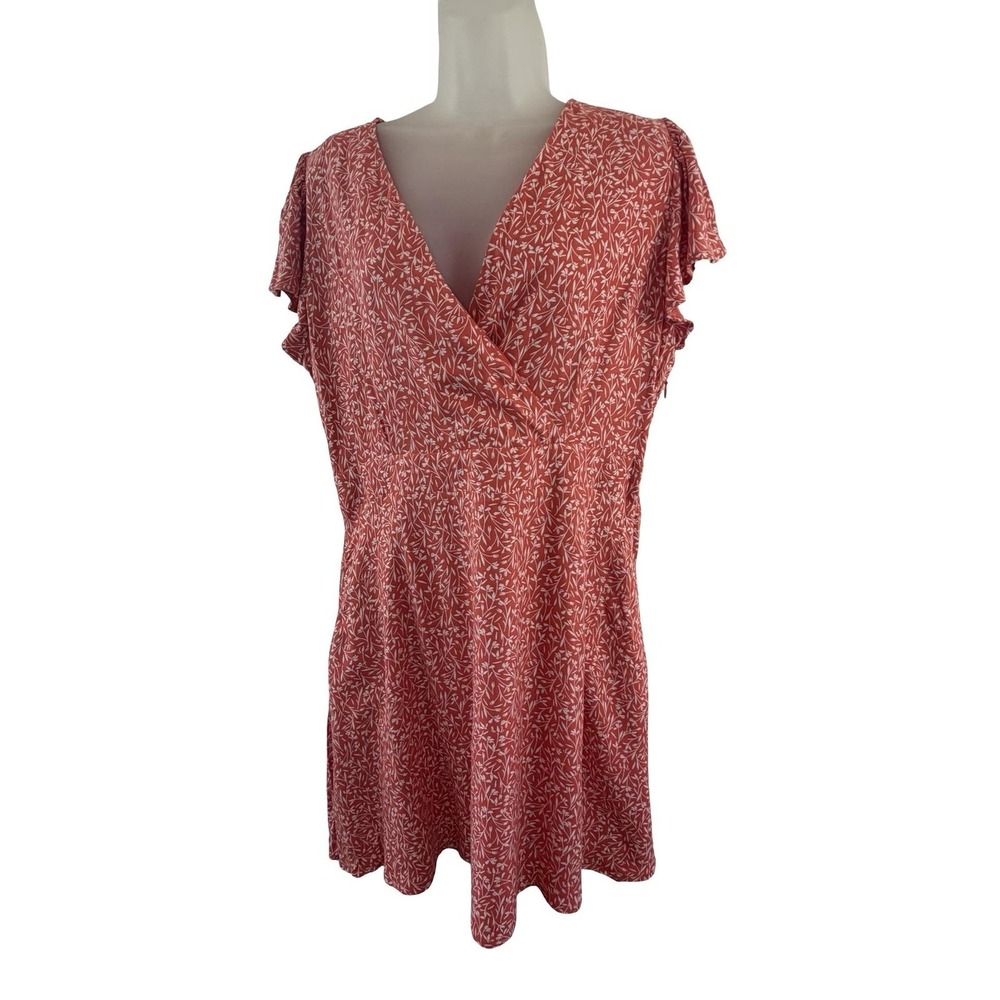 Brakeburn Dress Womens 12 Pink Floral Wrap Fit Flare Short Flutter Sleeve Summer - Picture 6 of 16